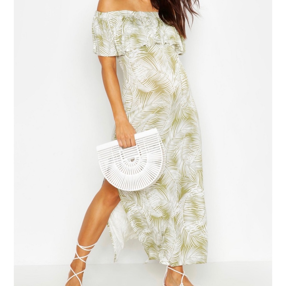 off shoulder green jungle print maternity dress